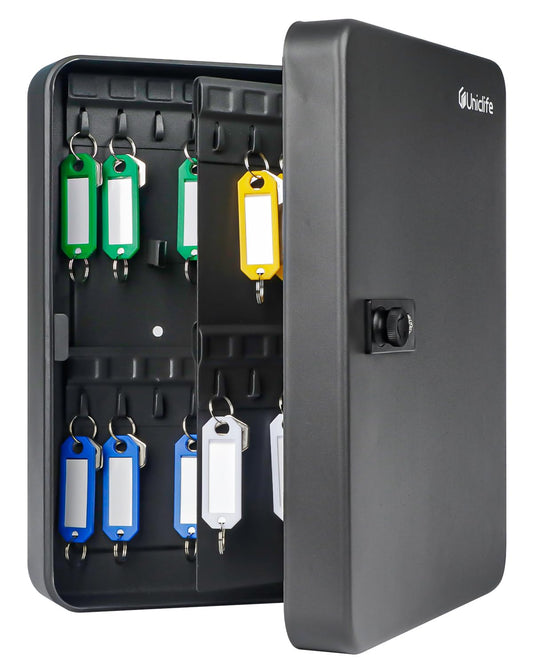 Uniclife 60 Position Key Cabinet with Combination Lock Resettable Black Digital Security Storage Box Steel Key Organizer with Colorful Large Key Tag Labels Stickers and Hooks