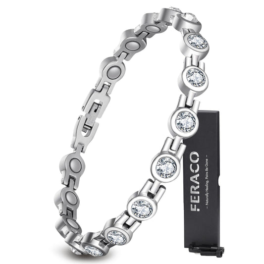 Feraco Magnetic Bracelet for Women Titanium Steel Magnetic Bracelets with Gorgeous Sparkling Cubic Zirconia Costume Jewelry Gifts (Silver)