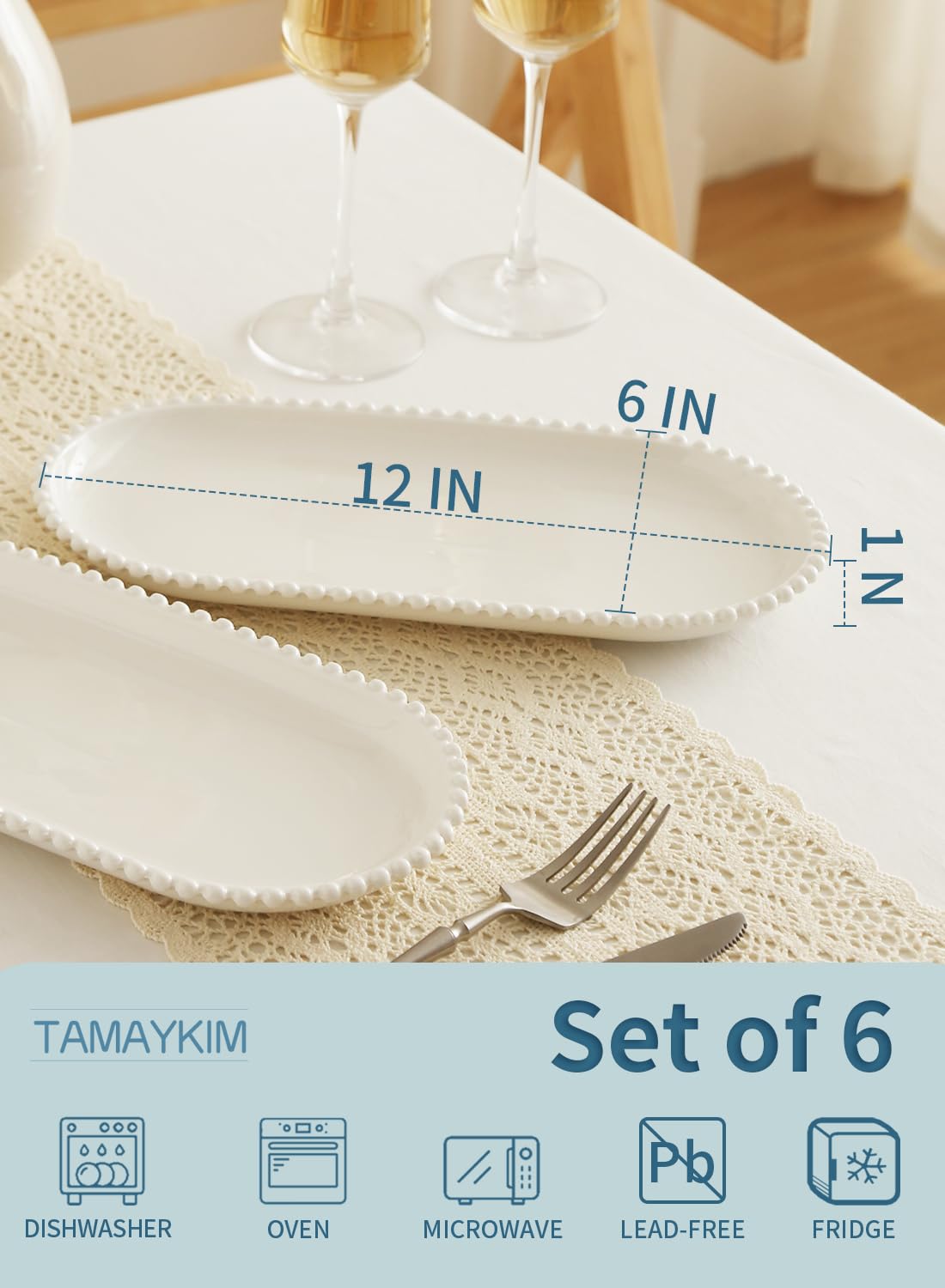 TAMAYKIM 12 Inch Porcelain Serving Platters Set of 6 - White Ceramic Trays with Beaded Edge, Oval Serving Plate for Steak, Taco, Sushi, Appetizer, Cake - Dishwasher & Oven Safe