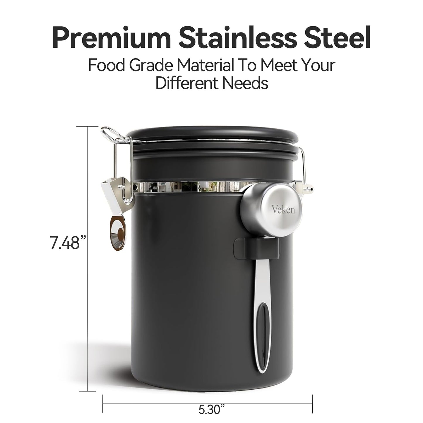 Veken Coffee Canister with Window,Airtight Stainless Steel Pantry Container,Kitchen Food Storage Organizers for Beans,Ground,Espresso,Rice,Tea,Sugar, Cereal, Bar Accessories,Gifts,Lids,Jars,22OZ,Black