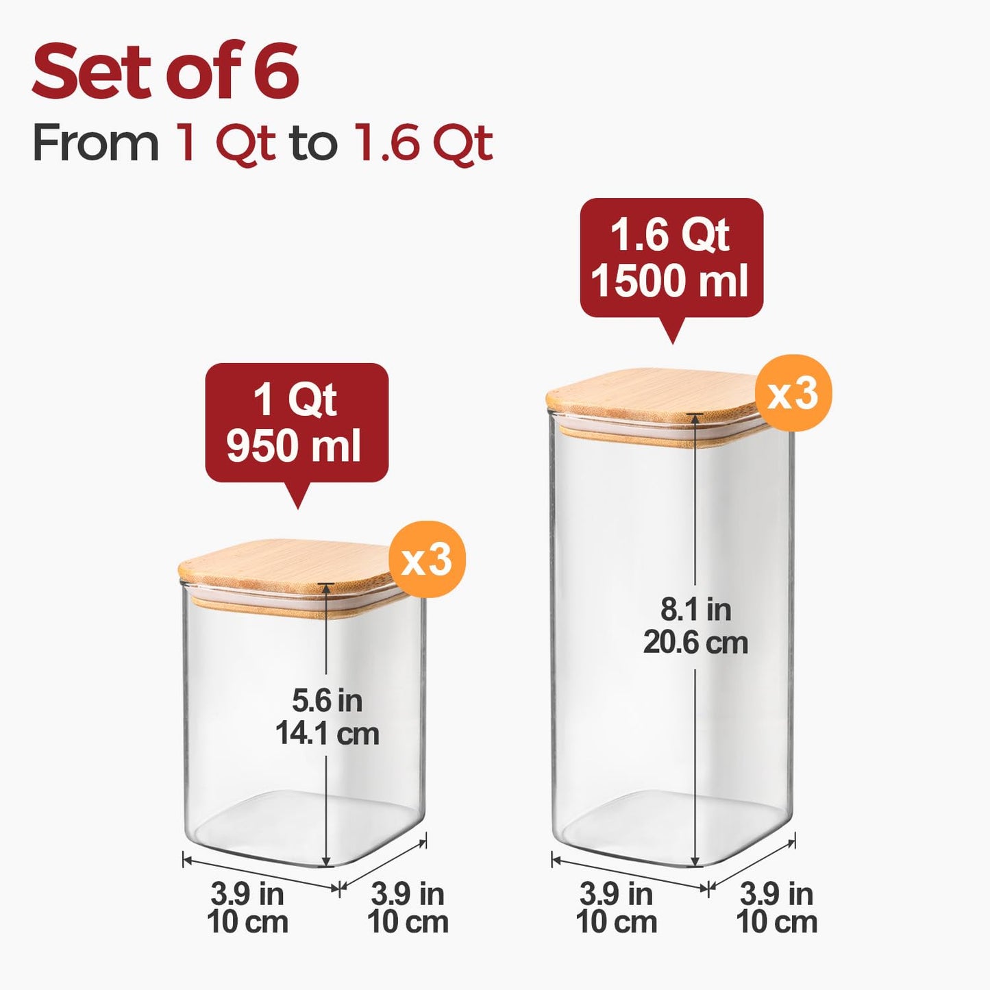 KTMAMA 6-Pack Square Glass Pantry Storage Containers with Lids, Airtight Stackable Pantry Organization and Storage Set (1.6 Qt/1 Qt) for Snacks, Cereal & Coffee