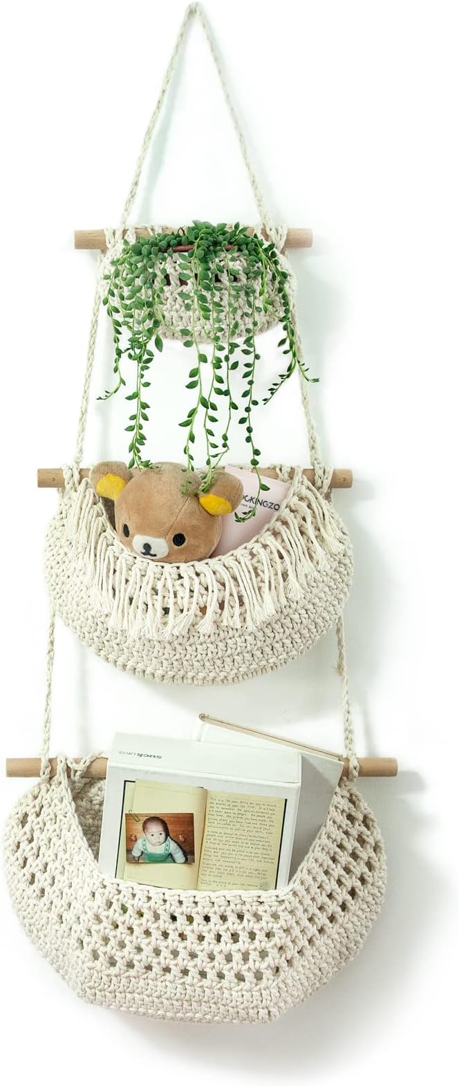 Hanging Fruit Basket, 3 Tier Over The Door Organizer, Handmade Woven Cotton