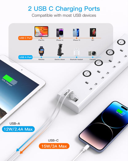 Extension Lead with USB Slots(2 USB C), HANYCONY 4 Way Plug Extension Socket with Individual Switches, 1.8M Extension Cable, Wall Mount Extension Cord, Desk Power Strip for Bedroom Office Accessories