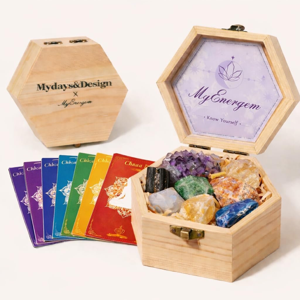 MYDAYS&DESIGN 7 Chakra Crystals Set for Meditation, Yoga Decor Gift with Amethyst Cluster, Lapis Lazuli, Green Aventurine, Citrine, Sunstone, Black Tourmaline, Crafted Box and Guide Book