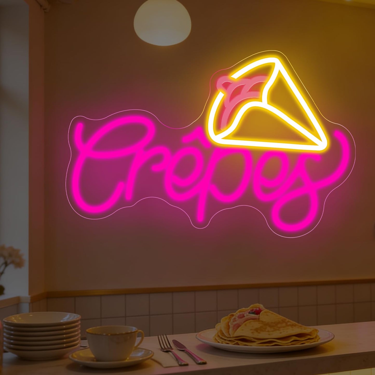 French Crepes Neon Sign, LED Neon Sign Wall Decor for Dessert Café Bakery Kitchen, Food Neon Signs for Wall Decor Gift for Crepe Lovers 16.7” × 10.8”