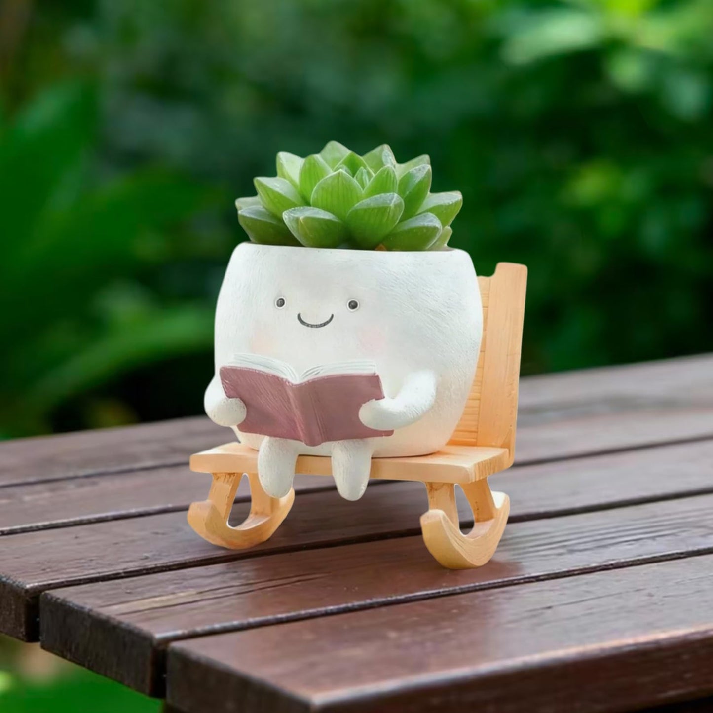 Yhupl Adorable Smiley Face Reading Flower Pot, Unique Rocking Chair-Style Resin Plant Pot with Drainage Holes, Suitable for Indoor/Outdoor Planting and Home Decor (A)