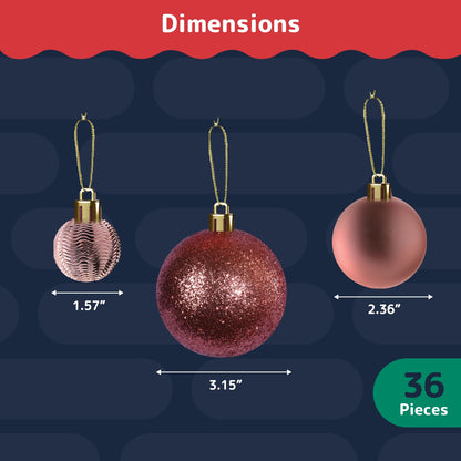 Prextex 36-Pieces Champagne Christmas Ornaments Set - Shatterproof, Festive Christmas Balls Decorations in 3 Sizes and 6 Styles with Hanging Loops for Tree, Wreath, and Dazzling Holiday Party Decor