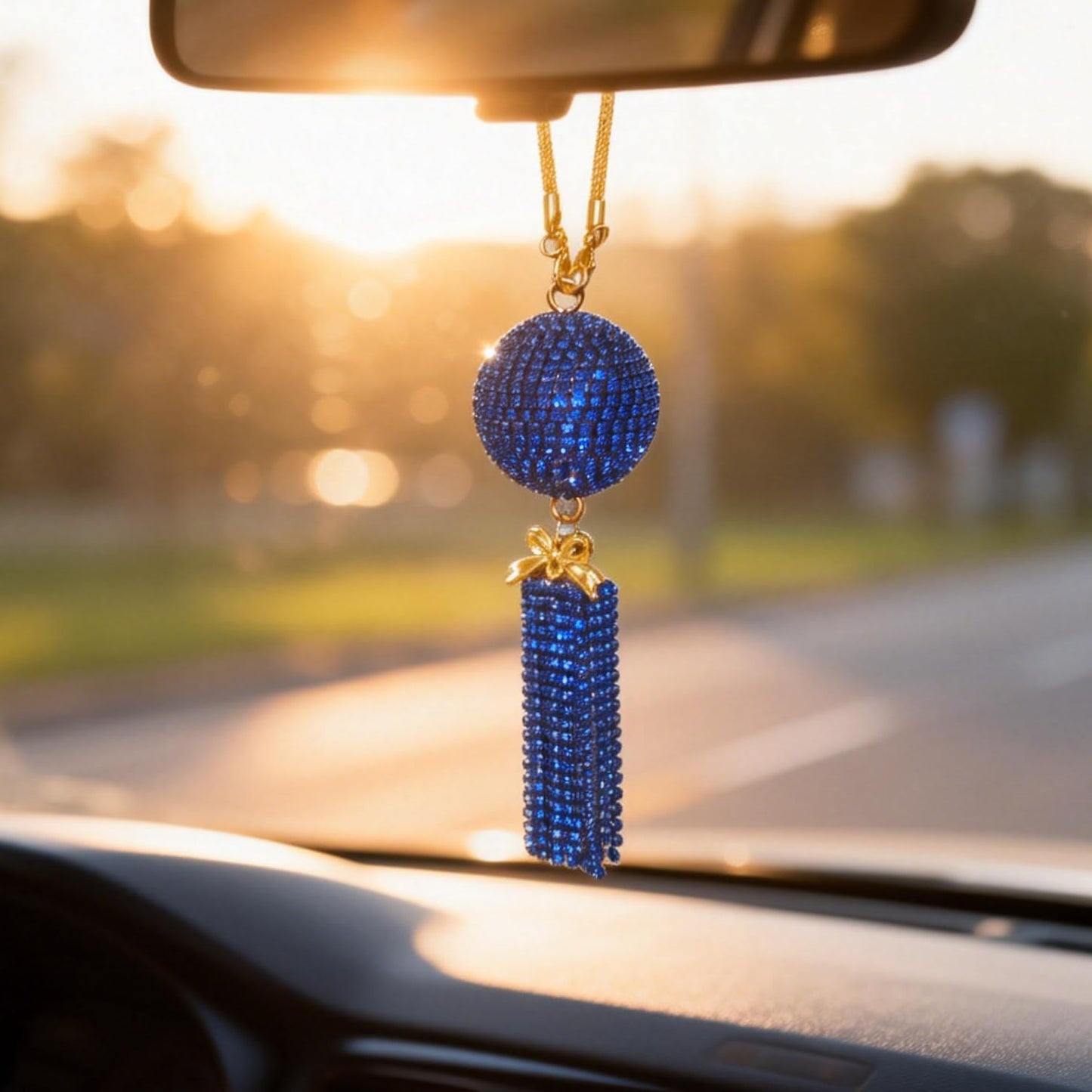 Bling Rear View Mirror Ornament for Women - Sparkling Crystal Ball with Rhinestone Tassel, Girly Cute Car Mirror Hanging Pendant Decor Accessories (Dark Blue)