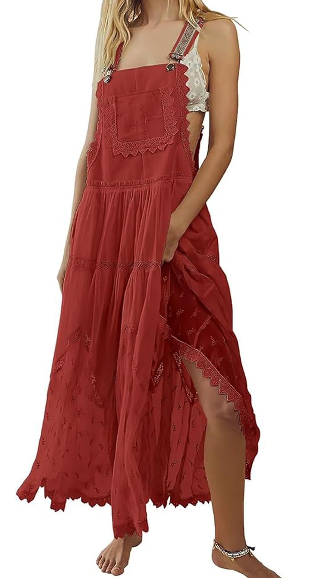 Women's Casual Lace Embroidered Maxi Dress Adjustable Strap Pleated Tiered Swing Long Dress with Pockets