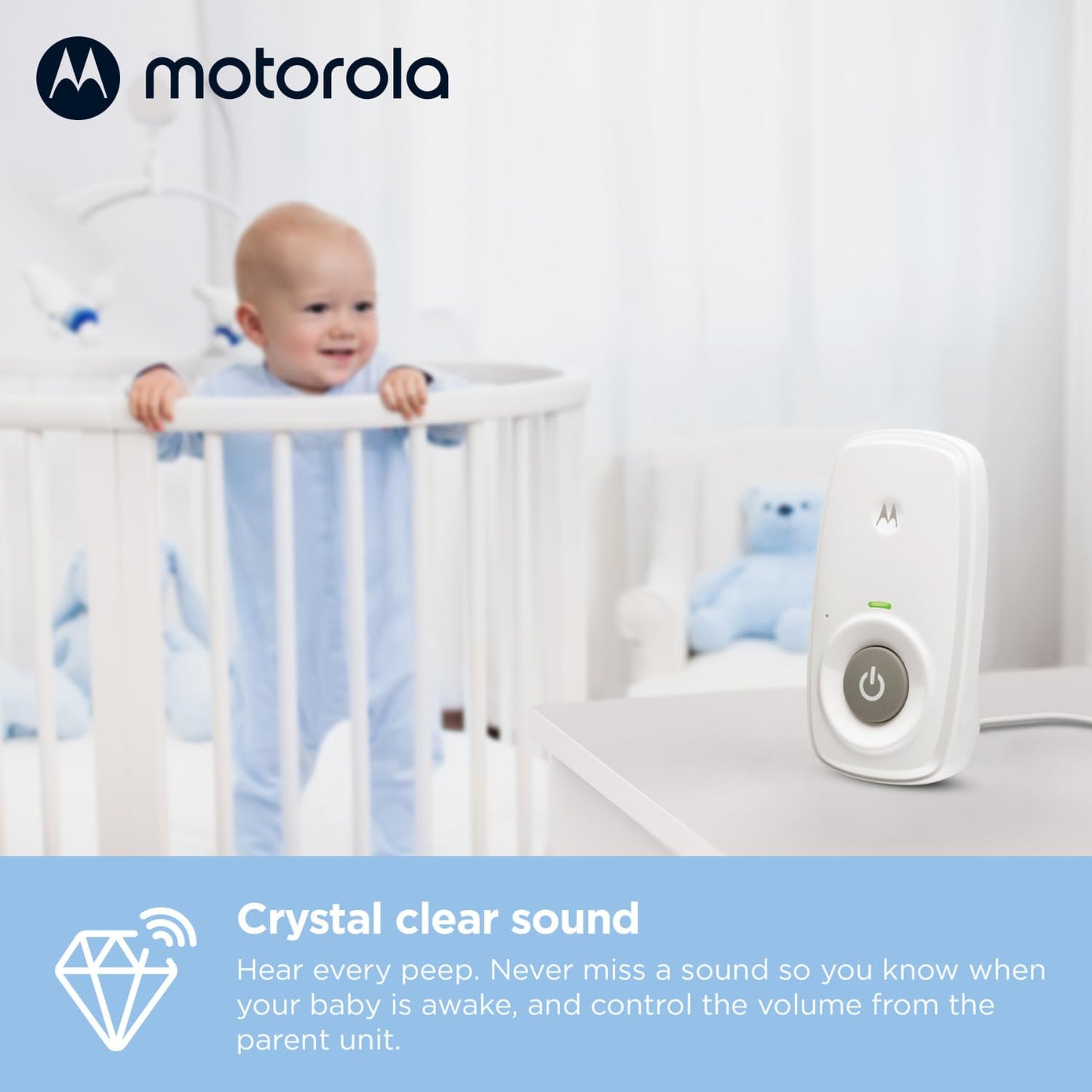 Motorola Nursery AM21/MBP21 Audio Baby Monitor - Digital Baby Monitor with DECT Technology for Audio Monitoring - 300 Meter Range - High Sensitivity Microphone - White