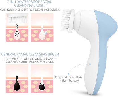 Rechargeable Facial Cleansing Spin Brush Set with 7 Exfoliating Brush Heads - Complete Face Spa System by CLSEVXY - Advanced Microdermabrasion for Gentle Exfoliation and Deep Scrubbing