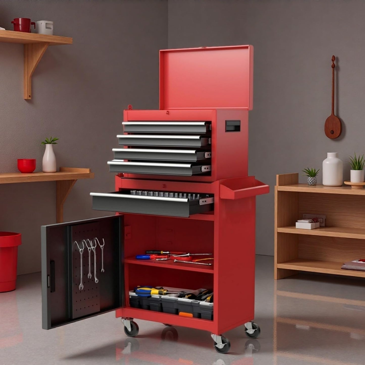 Trygoal Tool Chest, 5-Drawers Rolling Tool Storage Cabinet with Lockable Wheels, Detachable Top, Adjustable Shelf & Locking Mechanism, Multifunctional Tool Cart for Garage Warehouse, Red