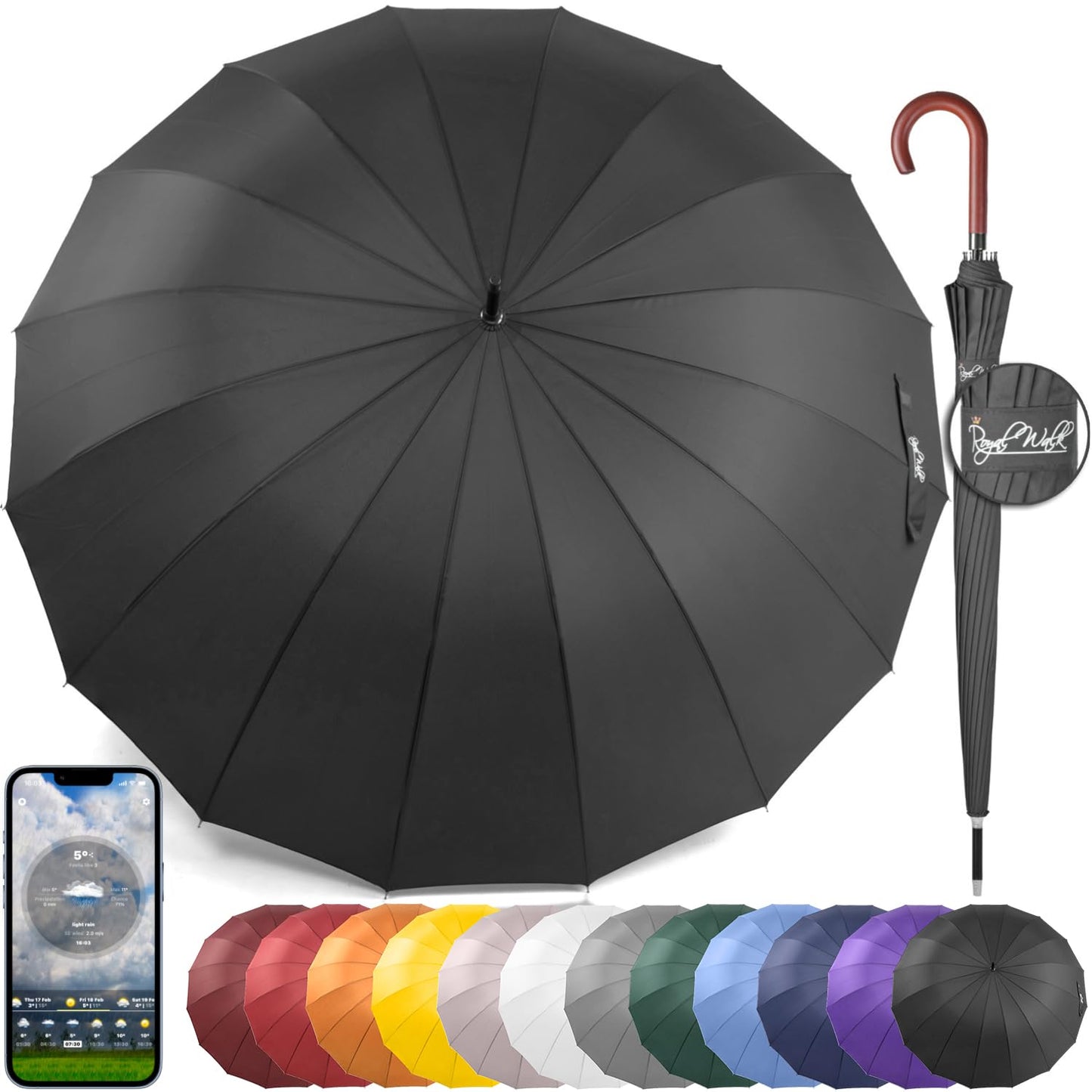 Royal Walk Windproof Umbrella Black Large 54 Inch Automatic Open for 2 Persons Stormproof for Men Women Classic Wooden Handle Lightweight Waterproof Durable Strong 16 Ribs Travel Golf Unisex 120cm