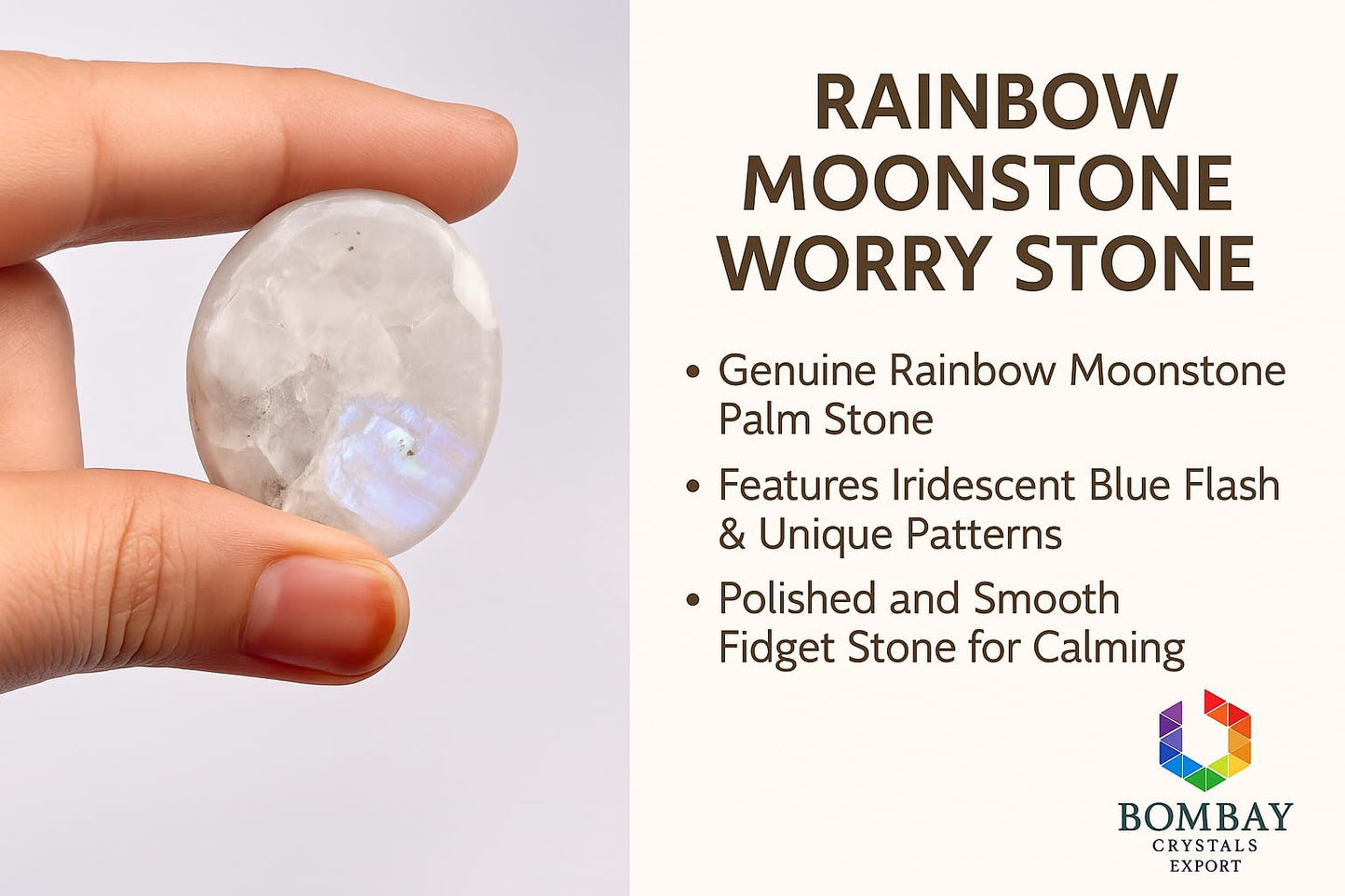 Natural Polished Thumb Palm Crystal for Meditation, Rainbow Moonstone Worry Stone for Stress Relief, Anxiety Support & Pocket Reiki Healing