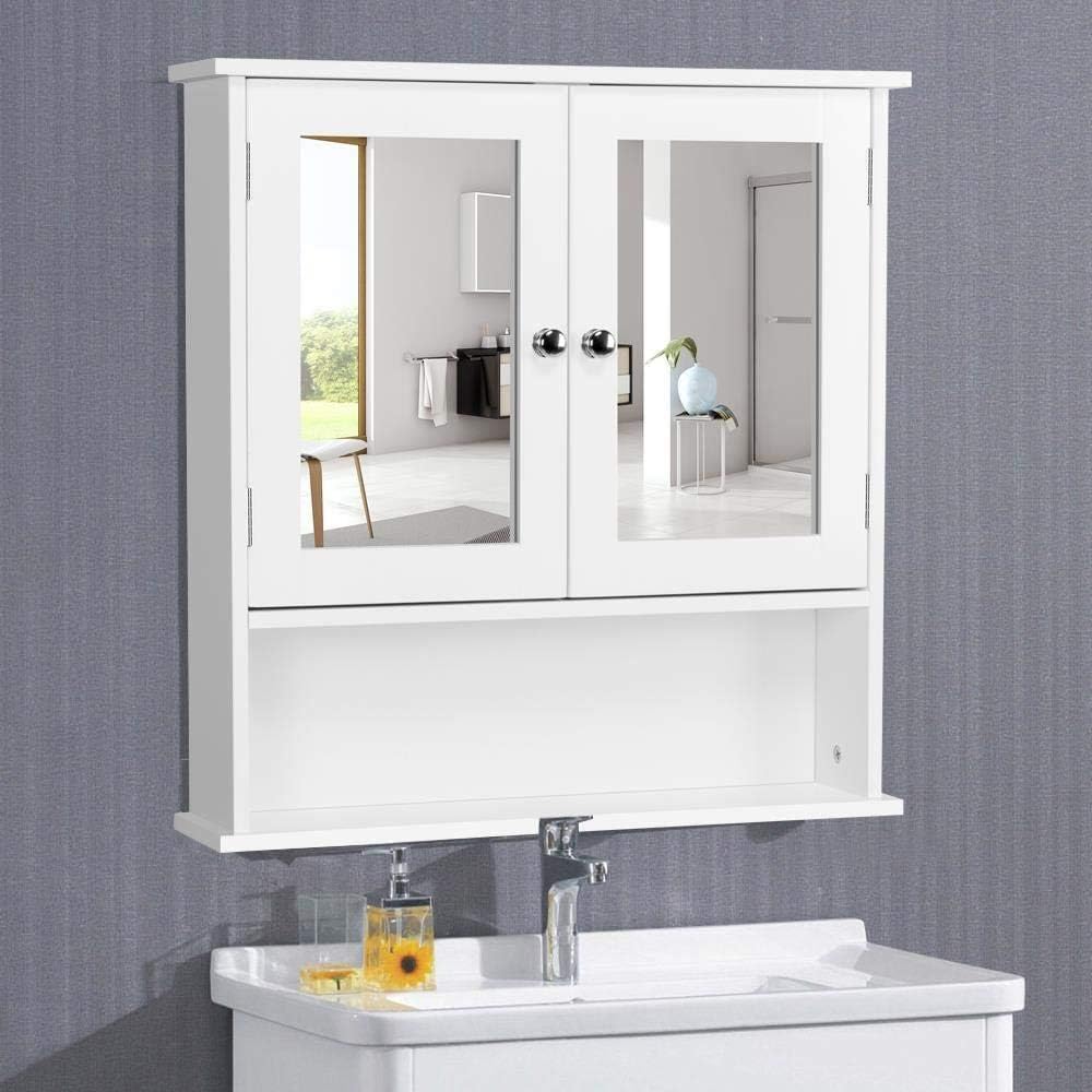 Yaheetech Modern Bathroom Mirror Cabinets, Wall Mount Storage Cabinet with Adjustable Shelf, Double Door Cupboard, White, 56 x 13 x 58 cm