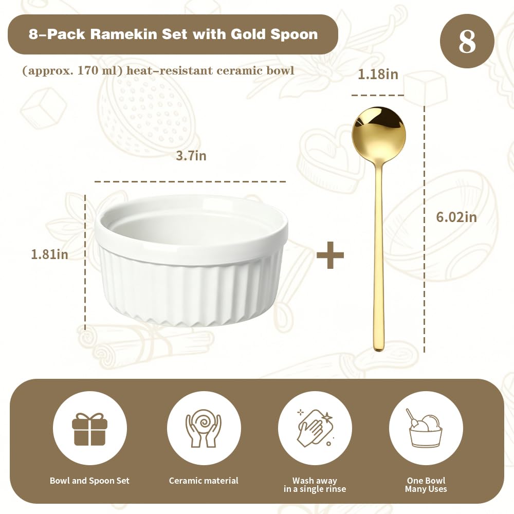 Rreme Brulee Ramekins 6OZ 8-piece Set Includes 8 Gold-Colored Stainless Steel Spoons，Ramekins Oven Safe，Suitable For Pudding Cups Dessert Cups Lce Cream Cup Reusable
