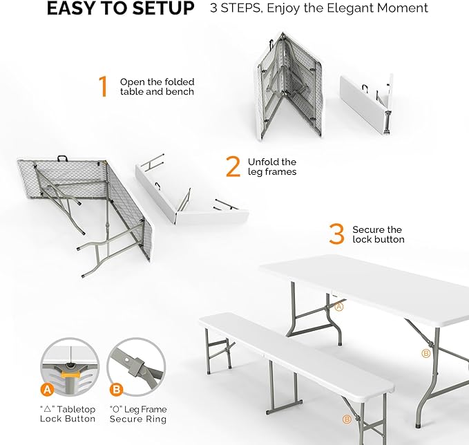 VINGLI Picnic Table Set with 2 Benches, 6 Feet Camping Table Chair Set