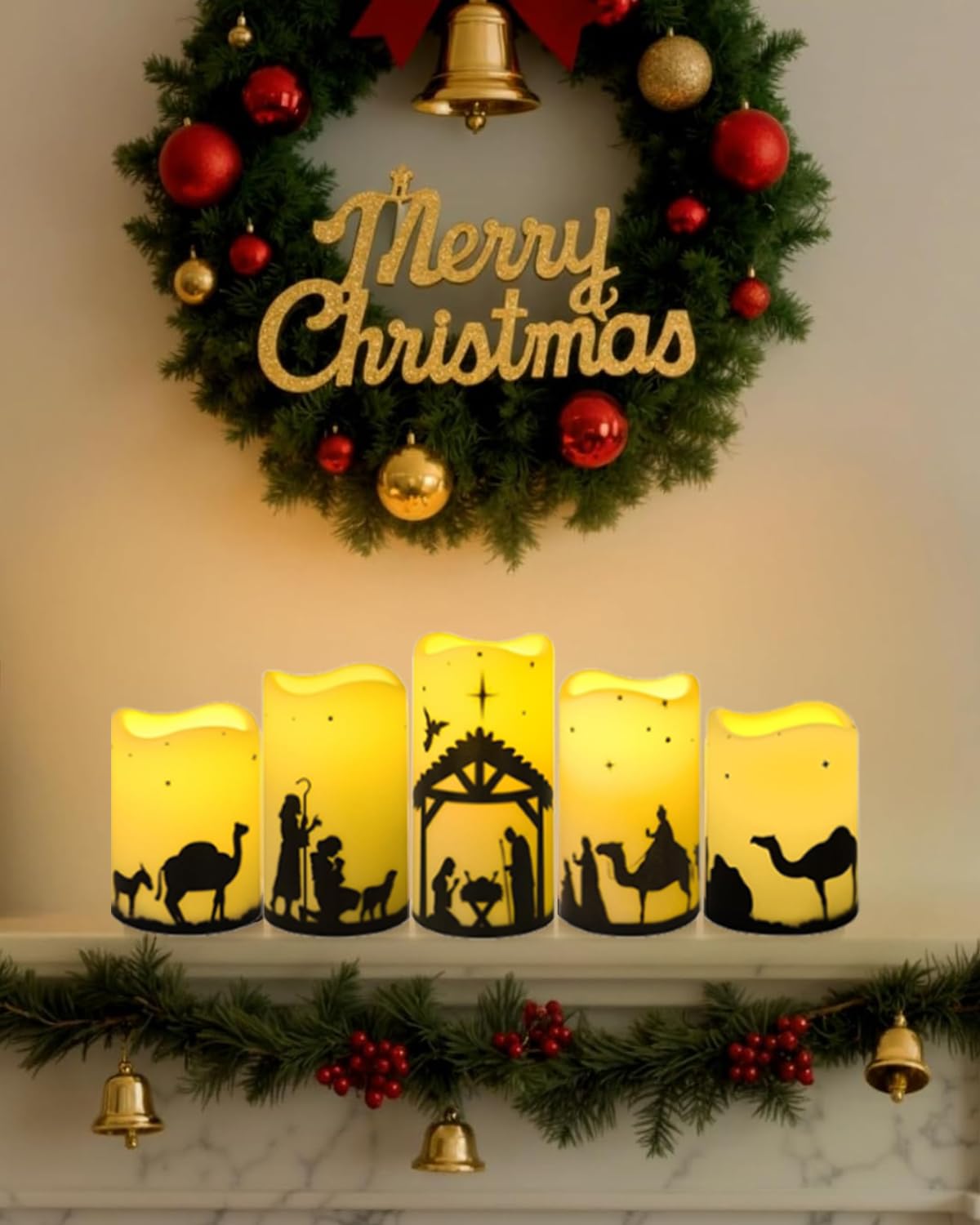 ONEIHOMM 5 Pcs Christmas Nativity Scene Candles with Timer Remote Control