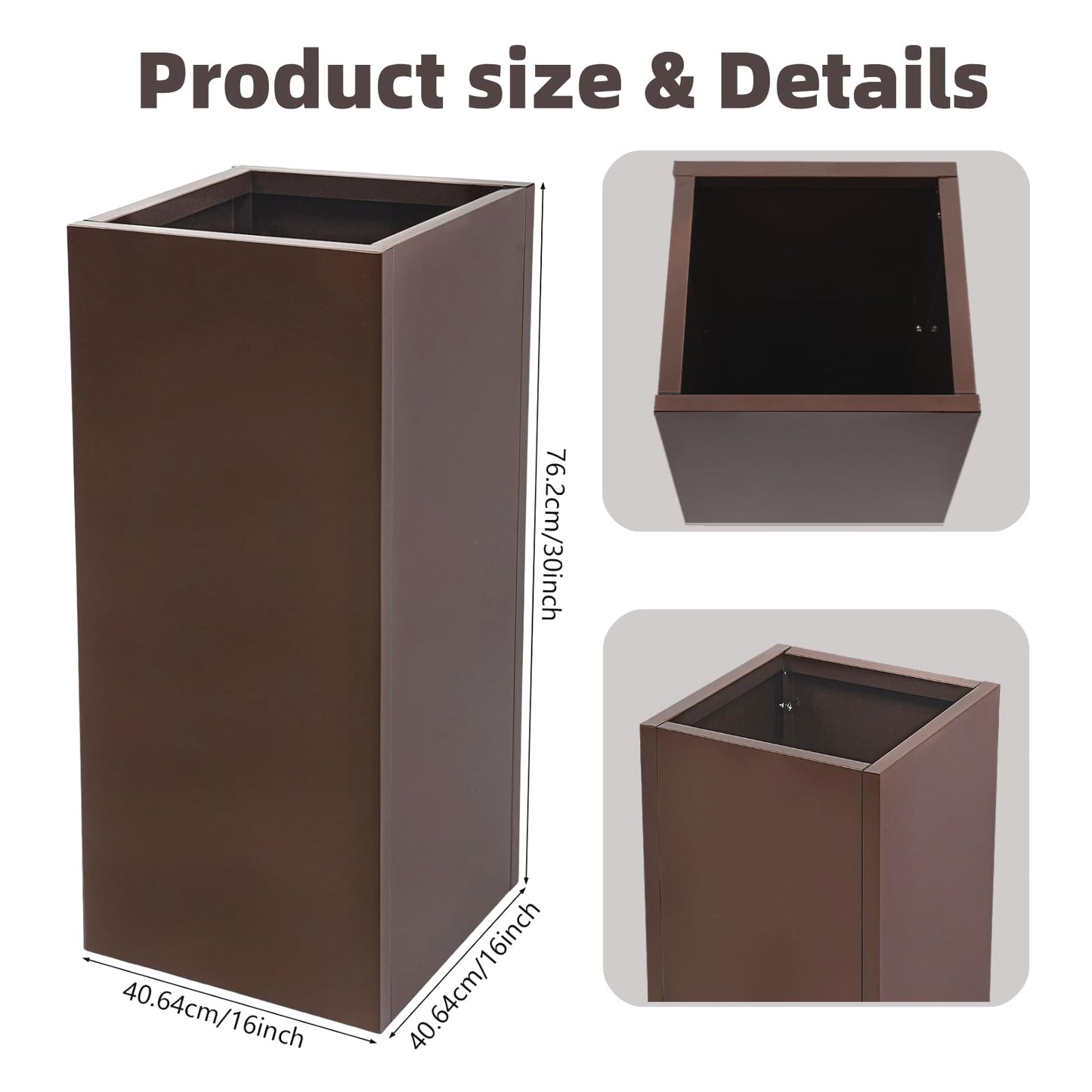 wukaeiue Galvanized Steel Planter Box 16x16x30 Inches, Brown - Modern Raised Garden Bed with Drainage Holes & Easy Assembly, Heavy Duty Metal Flower Pot for Outdoor Indoor Plants, Herbs, Flowers
