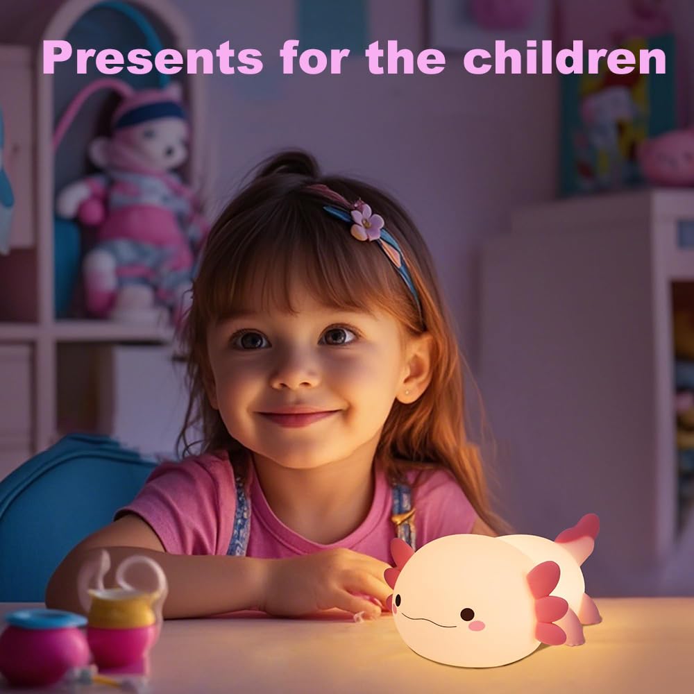 KangTen CHEN Cute Axolotl Night Light for Kids Bedroom, Animal Silicone Nursery Night Lamp Touch Control Nightlights USB Rechargeable Bedside Lamp for Baby Children Toddlers Girls Gift (Pink Axolotl)