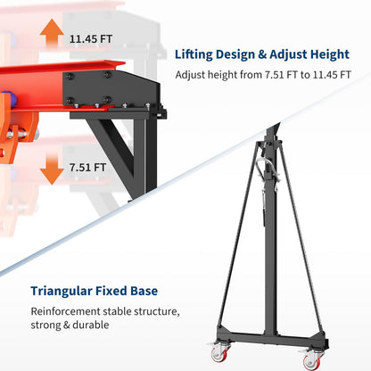 2200 LBS Gantry Crane with Manual Trolley, 1 Ton Gantry Crane with 8-12 FT Adjustable Height, Shop Crane Lift Hoist for Warehouse, Factory(with Hooks, Shackles)