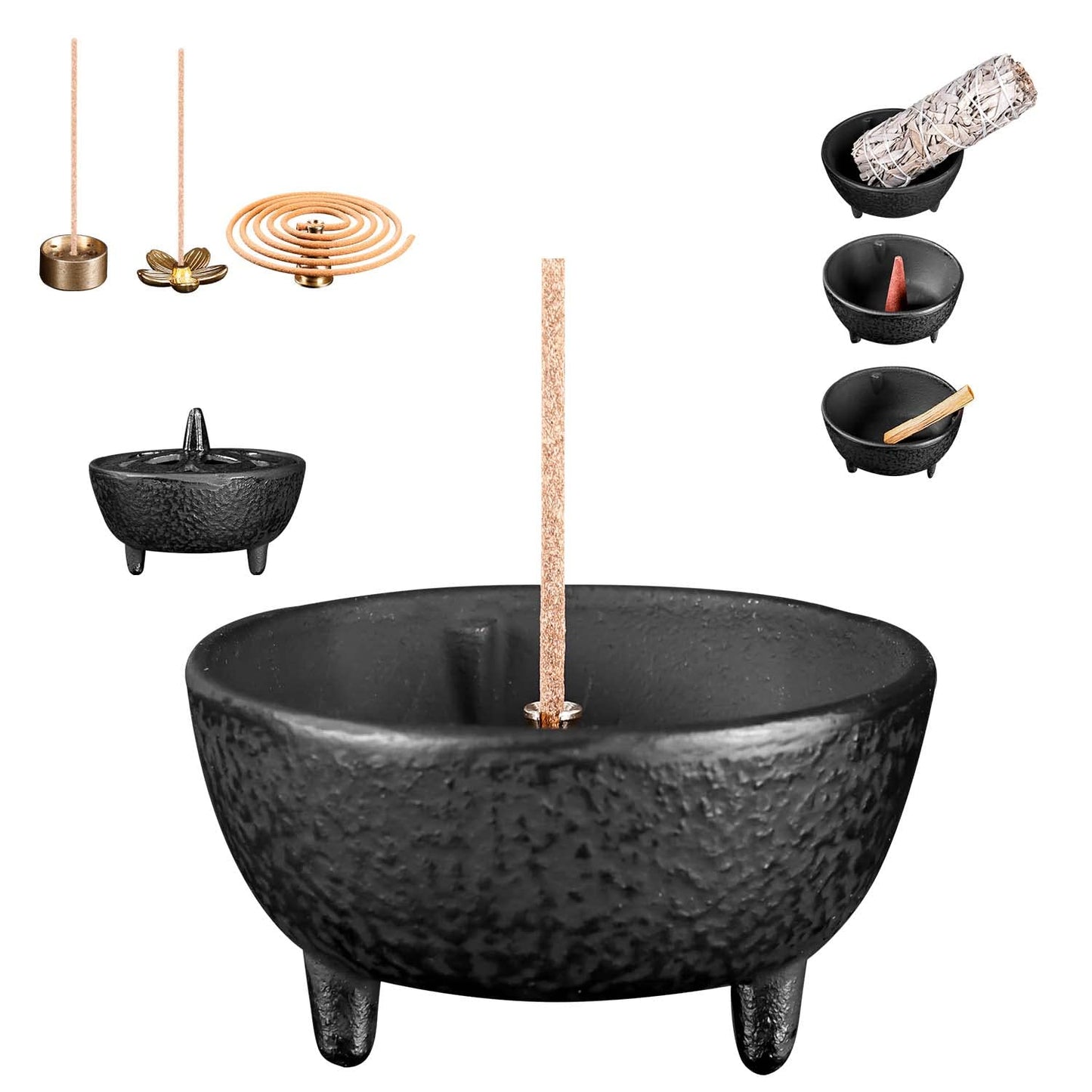 Cast Iron Incense Burner - 4 in 1Incense Holder Burner Set, Three-Legged Incense Ash Catcher with Lid for Rituals, Decoration, Etc