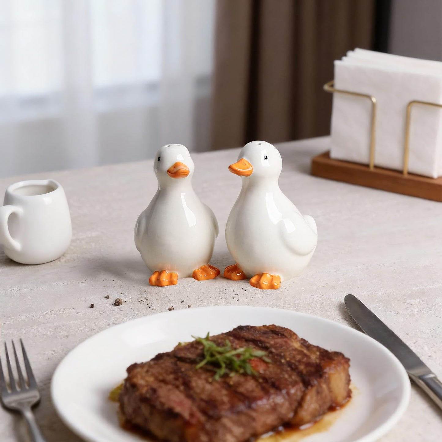 WAIT FLY Duck Shape Ceramic Salt & Pepper Shakers Set 2 PCS Standing Duck Salt and Pepper Shakers, Home Kitchen Decor