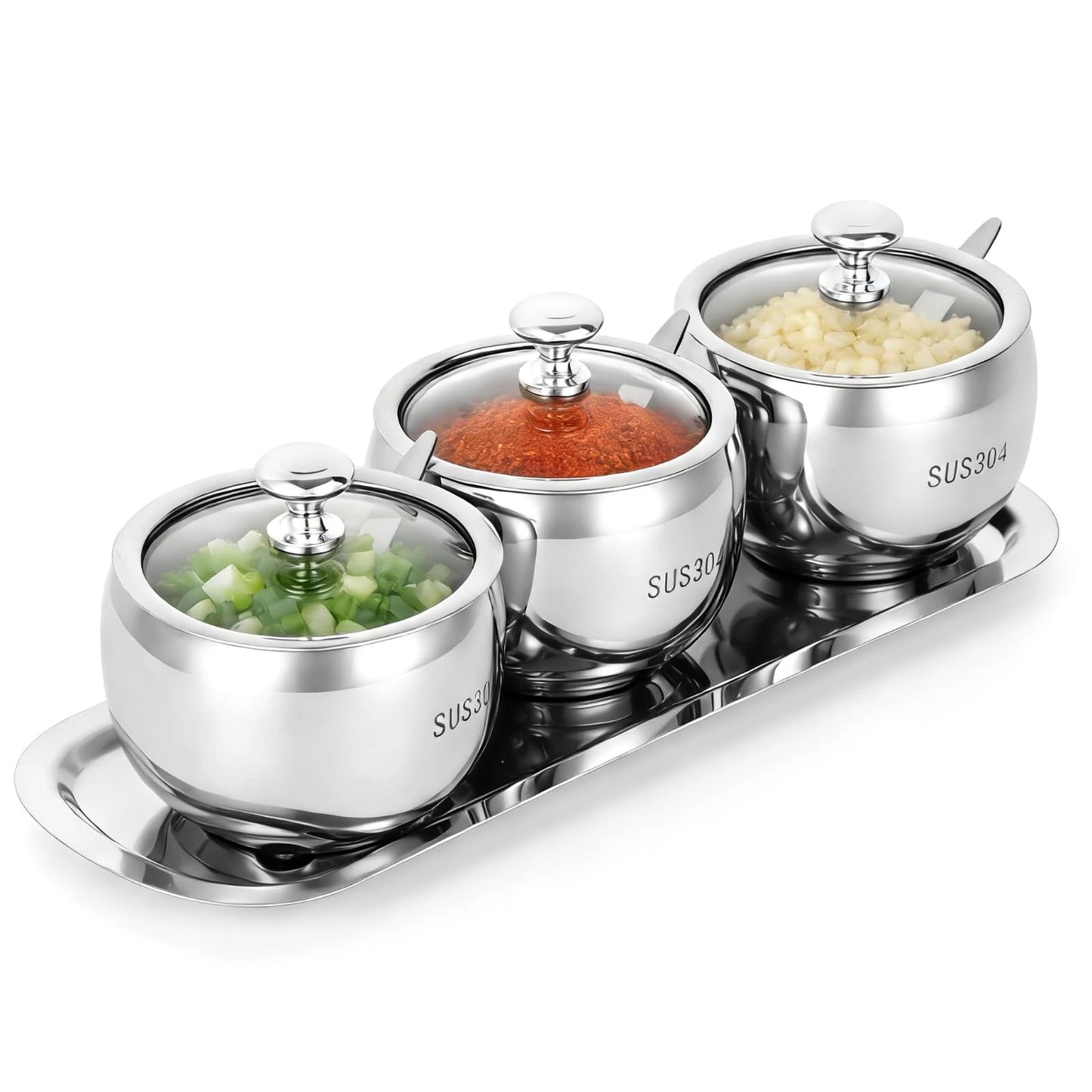 COSYOO 3 Pcs 304 Stainless Steel Seasoning Container Set with Tray, Includes Spoon Lid for Each Jar, Spice Pots on Tray, Ideal for Home Kitchen Storage of Salt, Sugar, Pepper