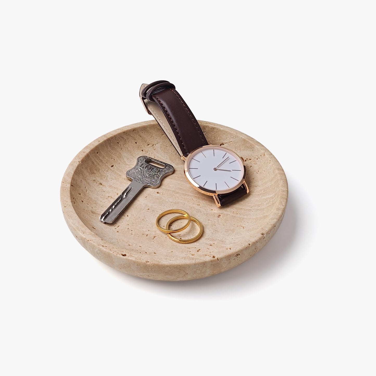Gixemeva Natural Travertine Valet Tray - 5.5" Round Stone Jewelry Trinket Dish Catchall for Keys, Watches, Rings - Decorative Beige Bowl for Entryway, Nightstand, Bathroom Vanity