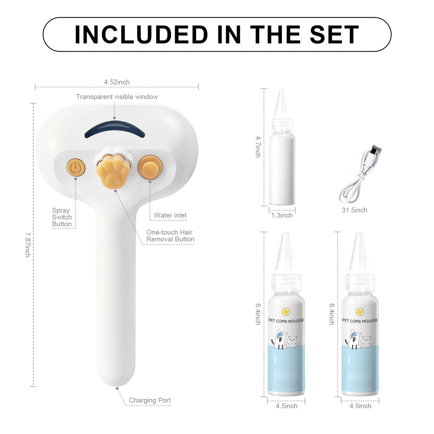 Steam Brush for Dog & Cat – 3-in-1 Pet Spray Hair Removal Comb – Pet Grooming & Shedding Steam – Includes 2*Waterless Shampoo – Water Brush for Long & Short Haired Pets – Defur Spritz Comb