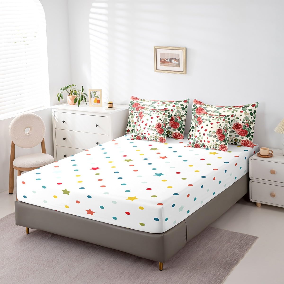 Erosebridal Valentine Rose Queen 7 Piece Bedding Set - Romantic Red Love Roses Floral Comforter Set with Sheets for Kids Adults Couple Room Decor, Green Leaf Bed in a Bag with Fitted + Flat Sheet