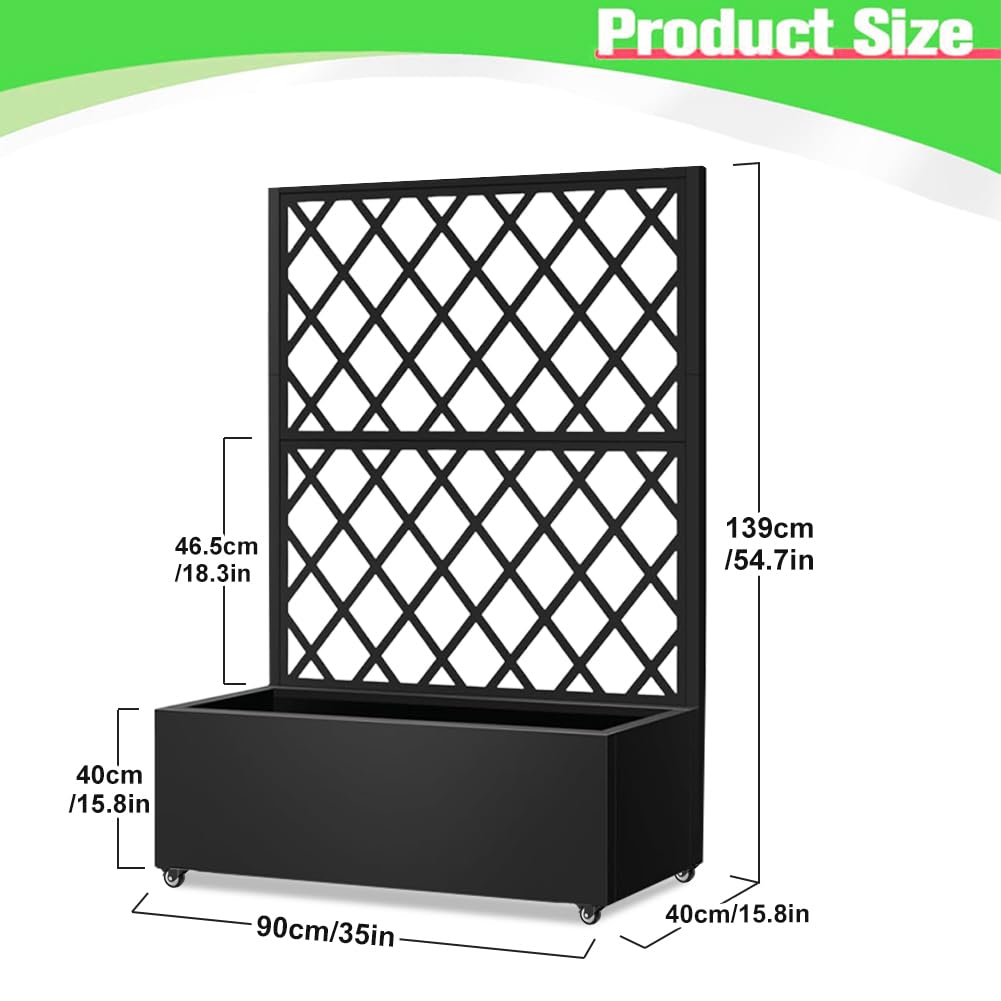 Metal Planter Box with Privacy Screen Trellis,Galvanized Raised Garden Bed On Wheels for Climbing Plants Vines, Standing Garden Flower Bed with Drainage Holes (Black, 35" L x16 W x 55" H)