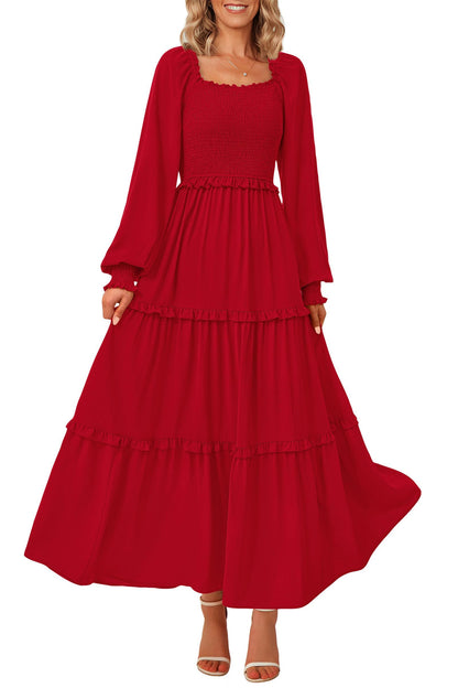 PRETTYGARDEN Fall Wedding Guest Dresses for Women 2025 Long Sleeve Square Neck Tiered A Line Modest Elegant Flowy Dresses (Red,Small)