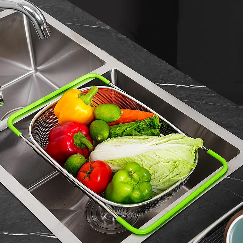 Tenta Tenta Kitchen Over Sink Strainer Colander Basket Stainless Steel For Kitchen with Rubber Grip, Large Kitchen collapsible colander, Dishwasher Safe Draine Strain Fruits,Vegetables,Pasta,Greens.