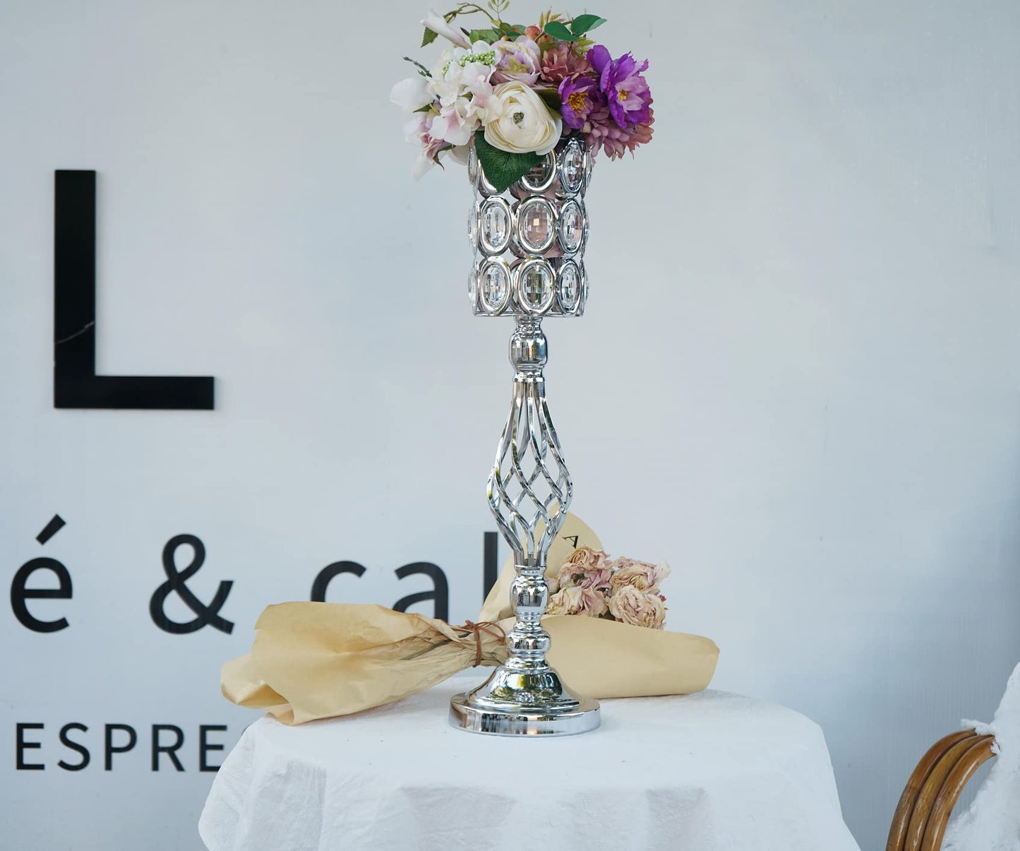 Crystal Wedding Centerpiece Vases for Tables - Set of 2 Metal Silver Vases, 24in Tall Versatile Flower Holders, Elegant Flower Stands for Centerpieces Wedding Party Reception Christmas Home Decor