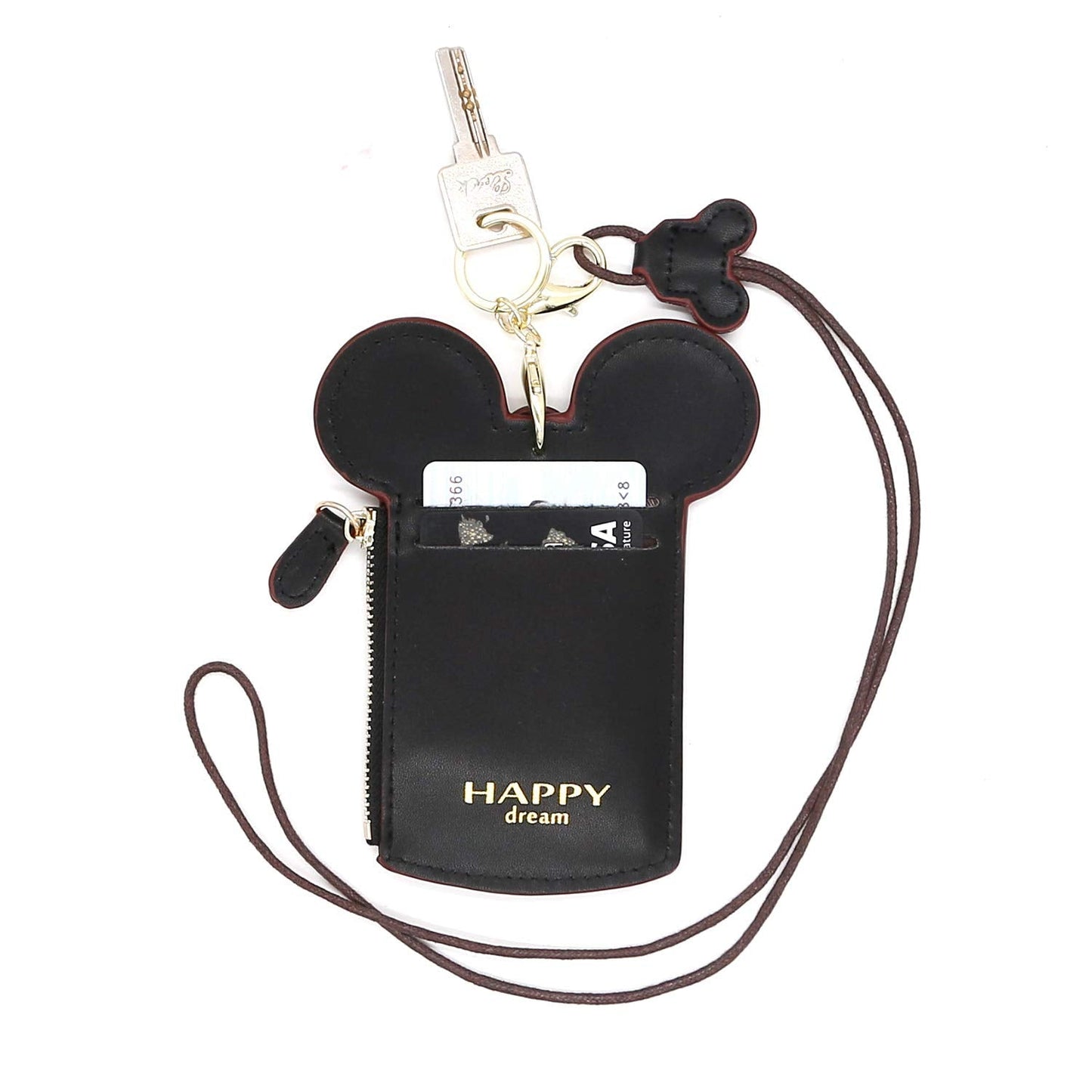 Ondeam ID Holder With Lanyard Badge Holder,PU Leather newchic Cute Animal Shape neck wallet for Women(Black)