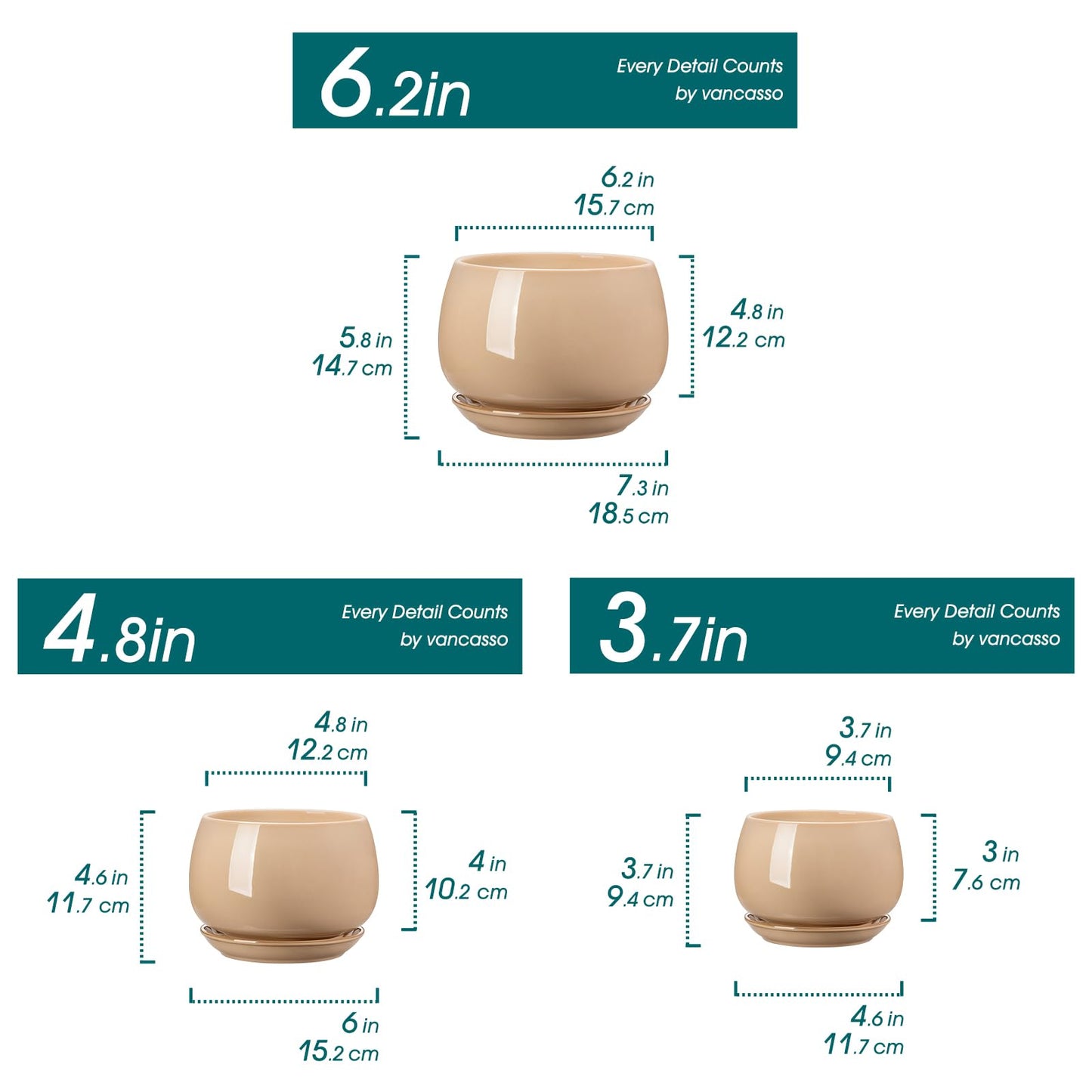 vancasso 3-Pack Ceramic Plant Pots, 3.7/4.8/6.2 Inch Indoor Planters with Saucers & Drainage Hole Planter pots for Indoor Plants and Flower, Brown