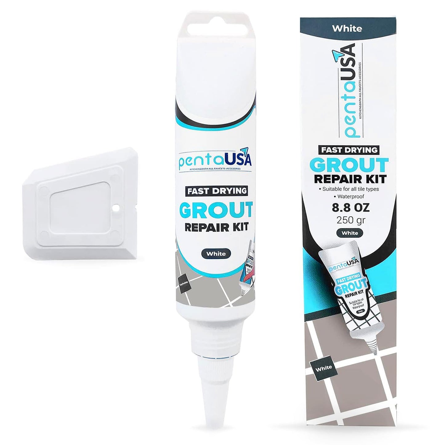 PentaUSA Grout Reviver - Ready Mixed Grout, Tile Adhesive, Fast Drying, No Sealer Required, Perfect for Bathroom, Shower and Kitchen + Mould Protection - 250gr (White)