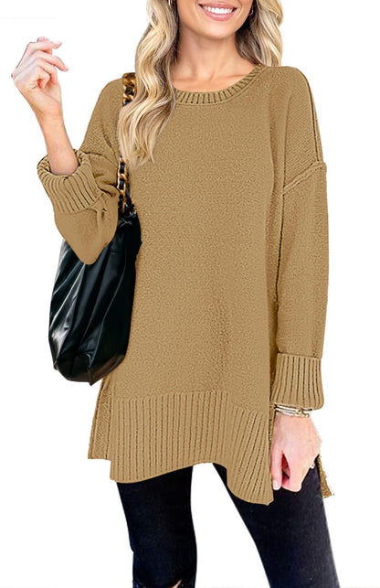 MEROKEETY Women's 2025 Fall Winter Oversized Pullover Sweater Casual Loose Crew Neck Long Sleeve Side Split Jumper Tops