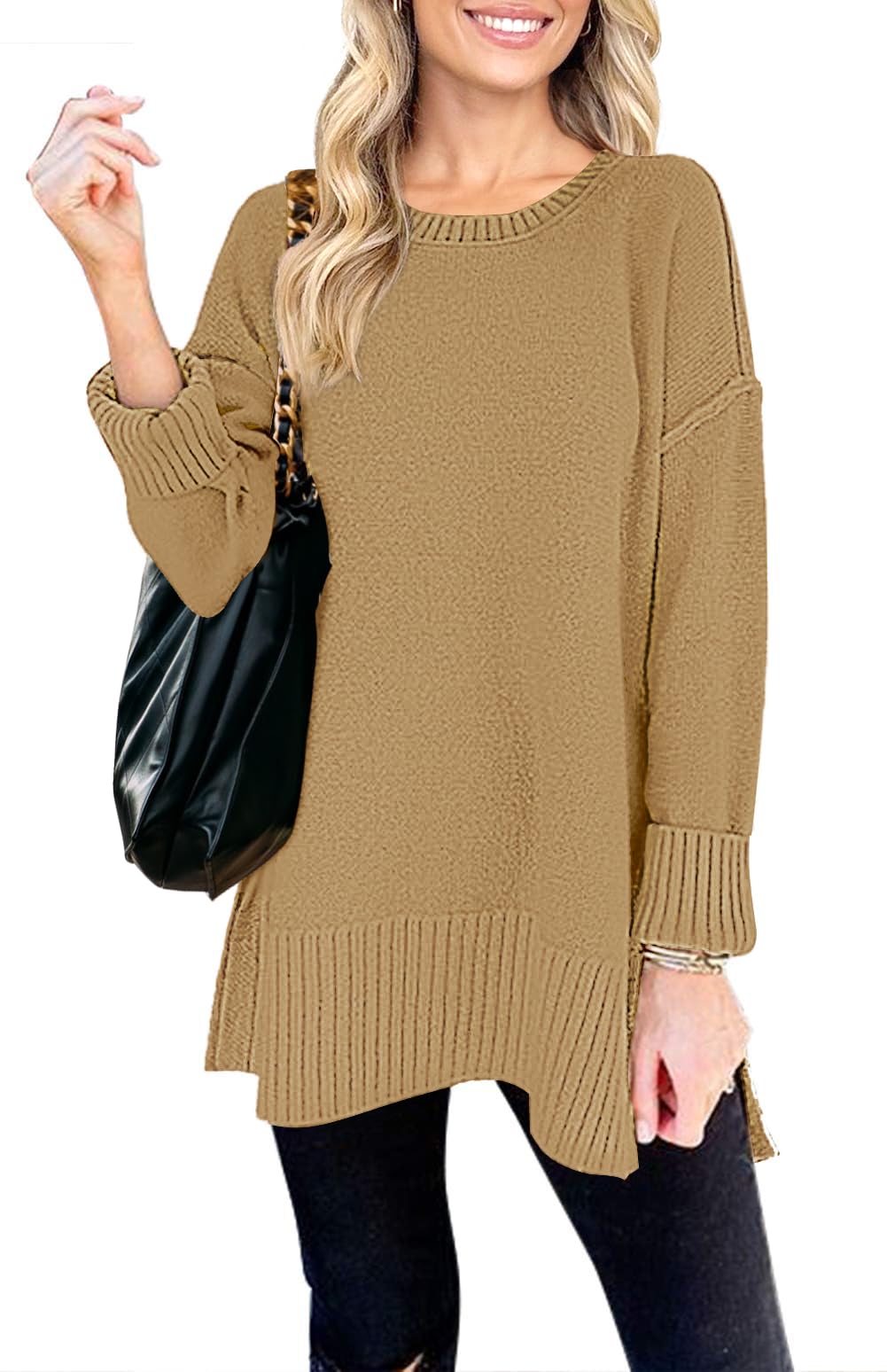 MEROKEETY Women's 2025 Fall Winter Oversized Pullover Sweater Casual Loose Crew Neck Long Sleeve Side Split Jumper Tops