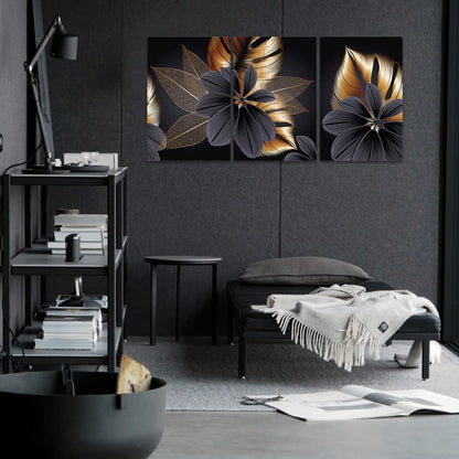 ConBlom Set of 3 Canvas Wall Art Painting - Modern Abstract Black Golden Leaf Plant Nordic Decorative Artwork for Bedroom Kitchen Living Room Home Decor (40 x 60cm- No Frame)