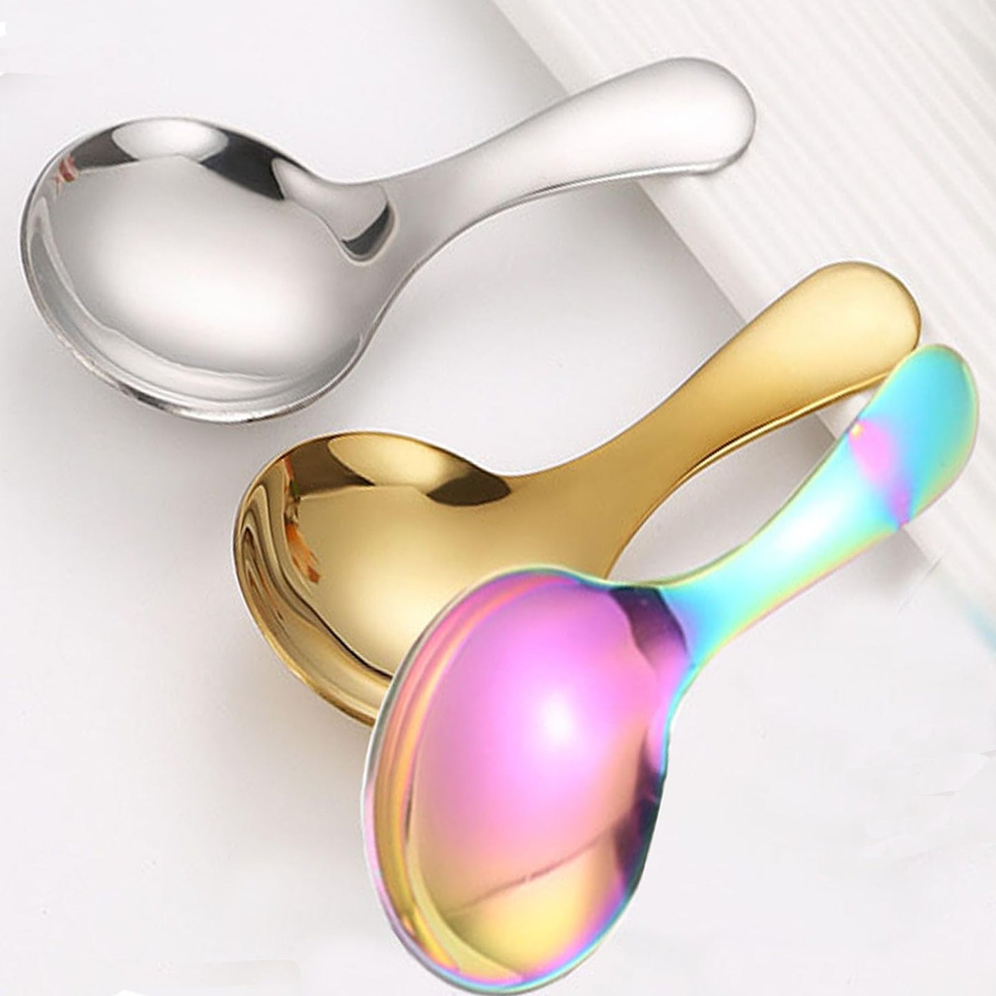 6 Pcs Stainless Steel Short Handle Thickened Small Round Spoons For Honey Candy Coffee Tea Salt Jam and Mustard - Ice Cream Dessert Spoon (F Rose Gold)