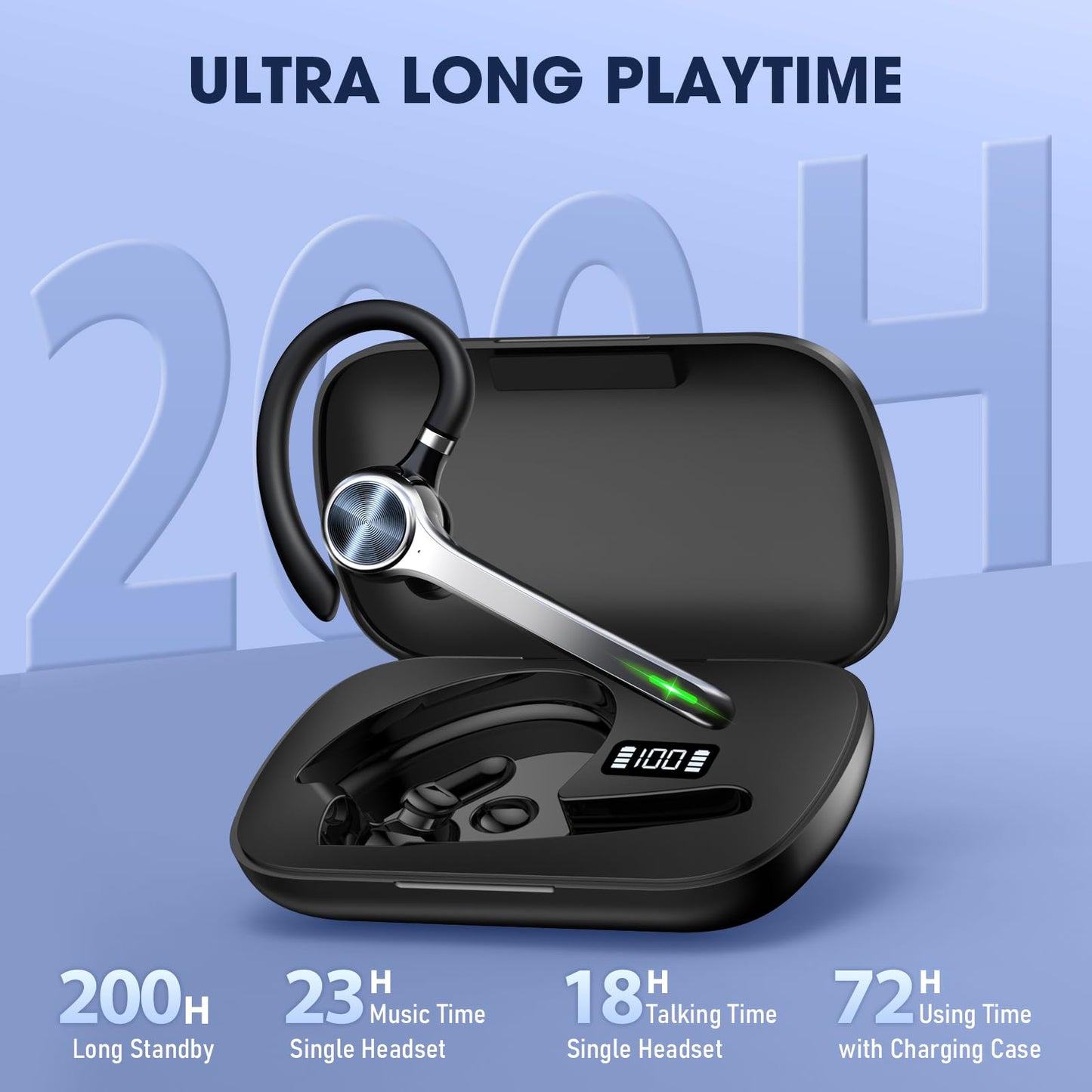 Ngsod Bluetooth Headset, Wireless Earpiece with Upgrade Noise Canceling Mic,500mAh Charging Case Support 72H Talking Time,Hand-Free Headphones with Mute Button for Computer Cell Phones Trucker Work