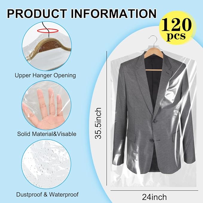 BEISHIDA 120PCS 35.5 Inch Plastic Garment Bag-Plastic Clear Dry Cleaner Laundry
