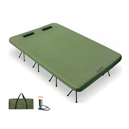 Freein Double Camping Cot with 7 PSI Inflatable Mattress Combo, Queen Size Modular 2-in-1 Sleep System, Dual-Height Adjustable, 16-Point Stable Frame Supports 820lbs, Portable SUV & Tent Bed