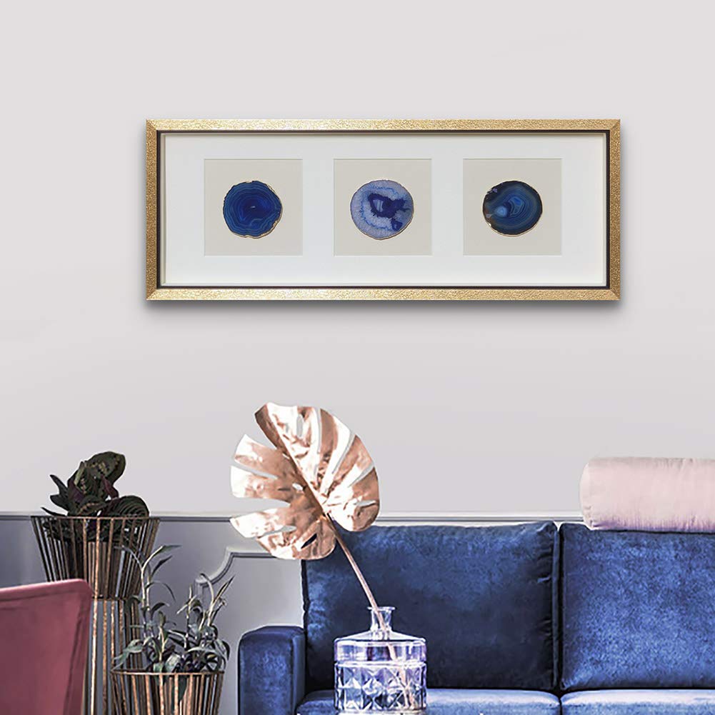 ARTECORS Handmade 15.7"x15.7" Gold Edge Natural Agate Wall Art with Shadow Box Frame Front Glass for Living Room Bedroom Home Decoration (Trio Blue)