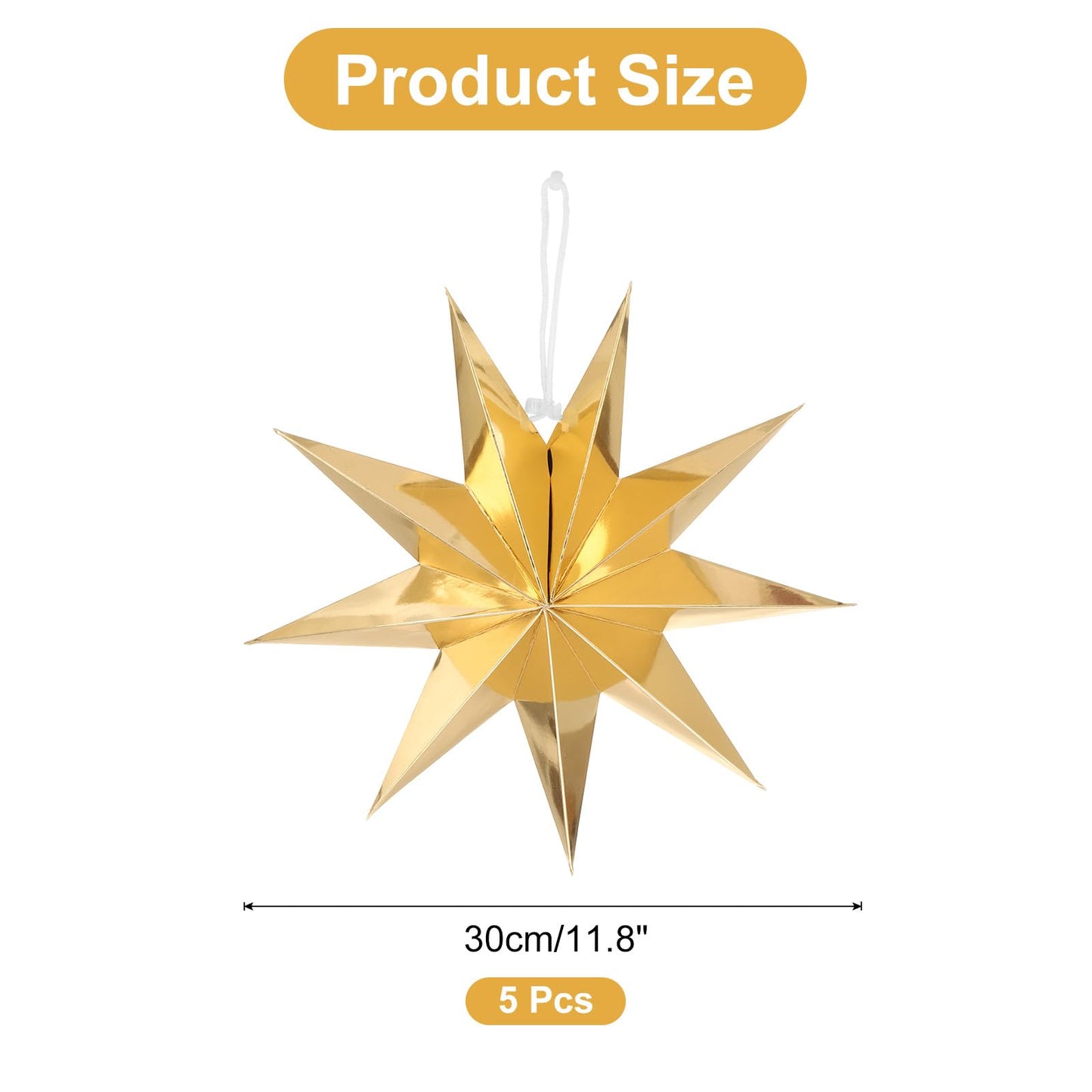 MECCANIXITY 5 Pcs Paper Star Lanterns 9-Pointed 12" Hanging Star Paper Lantern Hanging Lampshade for Christmas,Wedding,Graduation Party Supplies, Gold