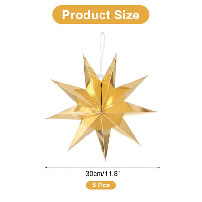 MECCANIXITY 5 Pcs Paper Star Lanterns 9-Pointed 12" Hanging Star Paper Lantern Hanging Lampshade for Christmas,Wedding,Graduation Party Supplies, Gold