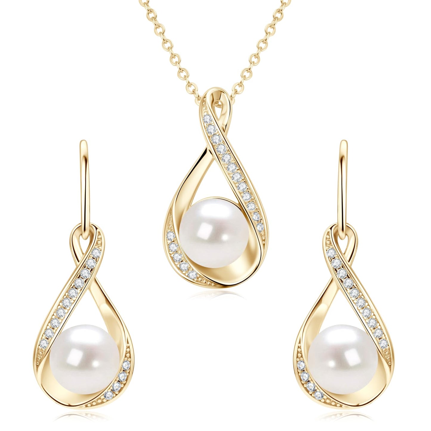 DENGGUANG Sterling Silver Pearl Jewelry Set with Moissanite, Real Freshwater Pearl Earrings Necklace for Women, Wedding Jewelry for Brides Bridesmaid, Mother's Day