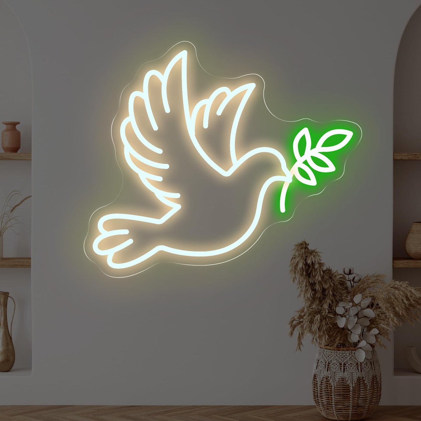 Dove of Peace Neon Sign, 15.7″ × 13.4″ Warm White Flying Pigeon with Olive Branch LED Light for Bedroom, Living Room, Meditation Space, Spiritual Decor, Personal Cave, Peace Dove Decor
